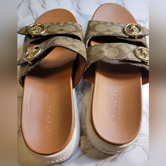 Coach Monogram Brown Sandals with Gold Accents Size 8.5B - Picture 4 of 7